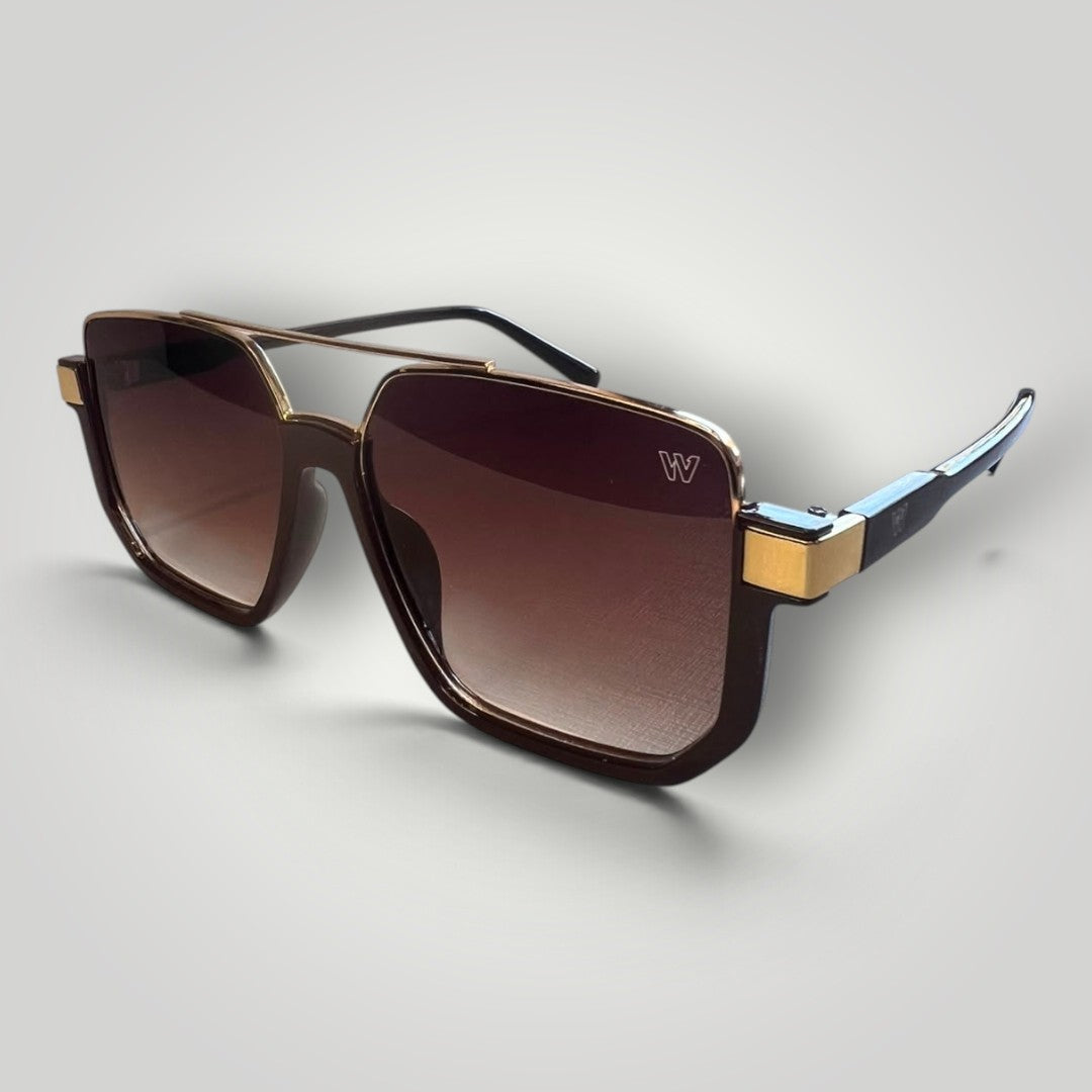 Óculos de sol W One Brand Store quadrado em acetato marrom com detalhes dourados e lentes degradê estilo aviador