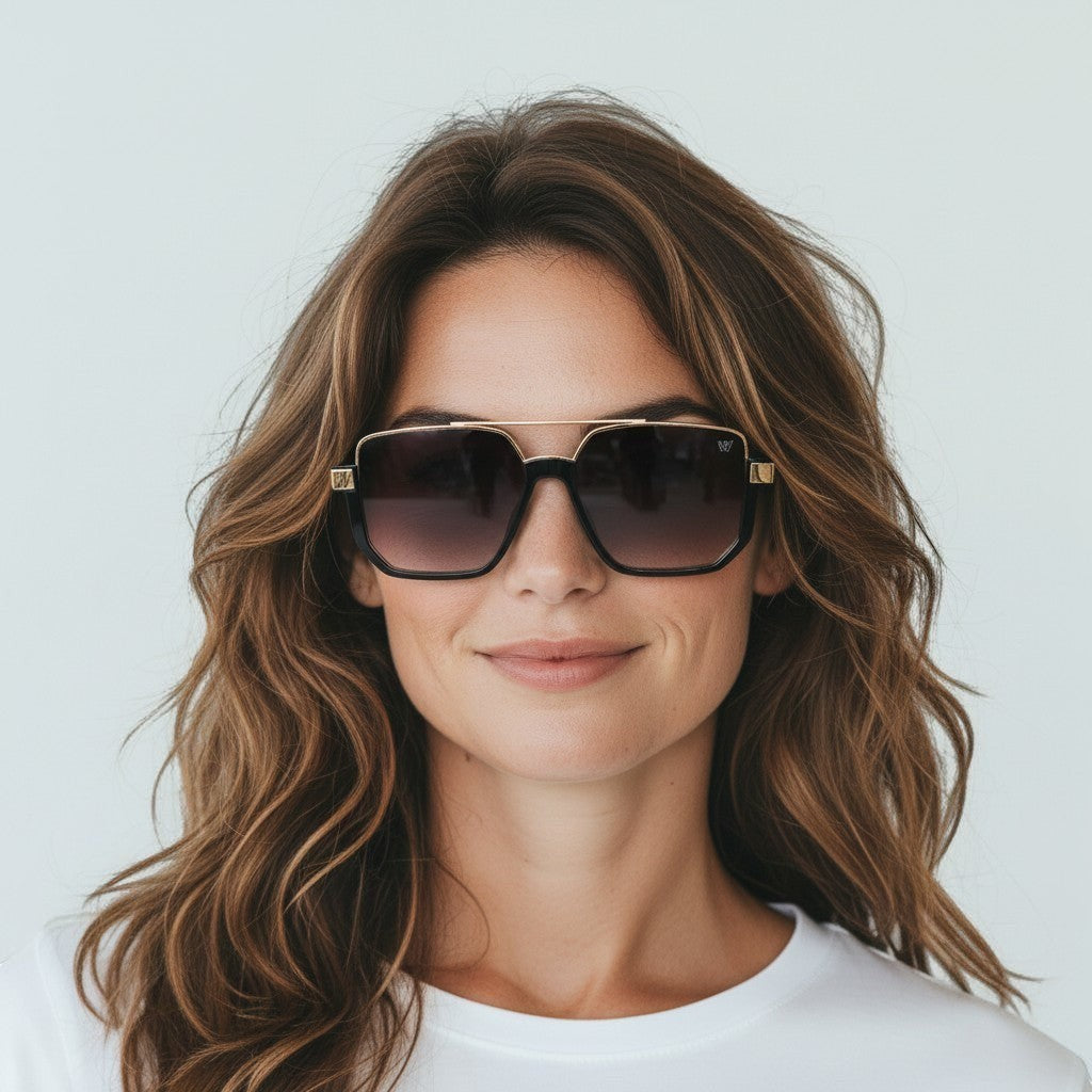 Óculos de Sol Quadrado em Acetato Preto com Detalhes em Dourado Estilo Aviador e Lentes Fumê detalhe da armação e das lentes