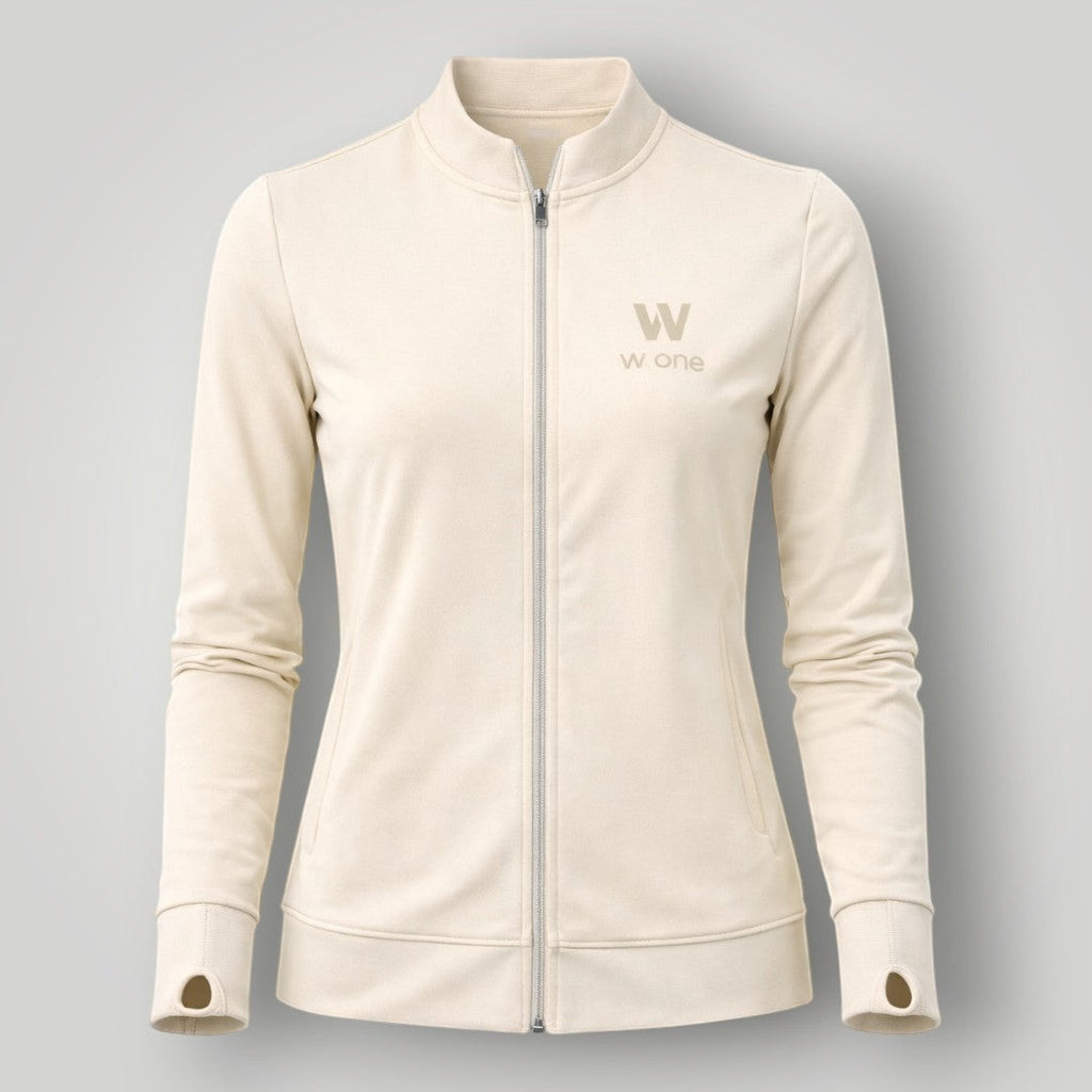 W One Brand Store off white polyamide fitness jacket with thumbholes and zip-up front.