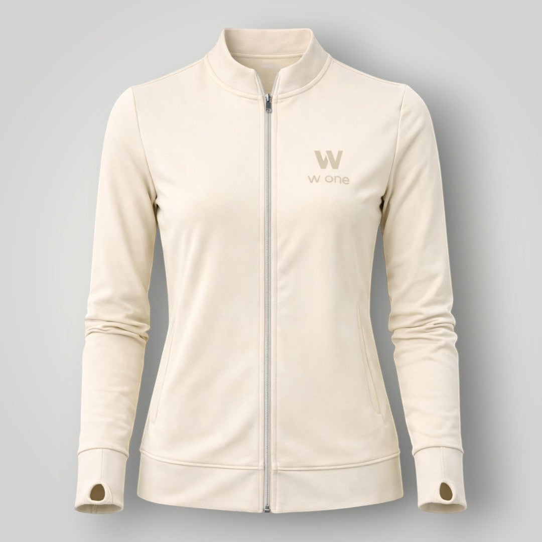 W One Brand Store off white polyamide fitness jacket with thumbholes and zip-up front.