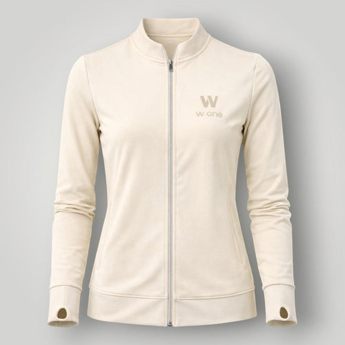 W One Brand Store off white polyamide fitness jacket with thumbholes and zip-up front.