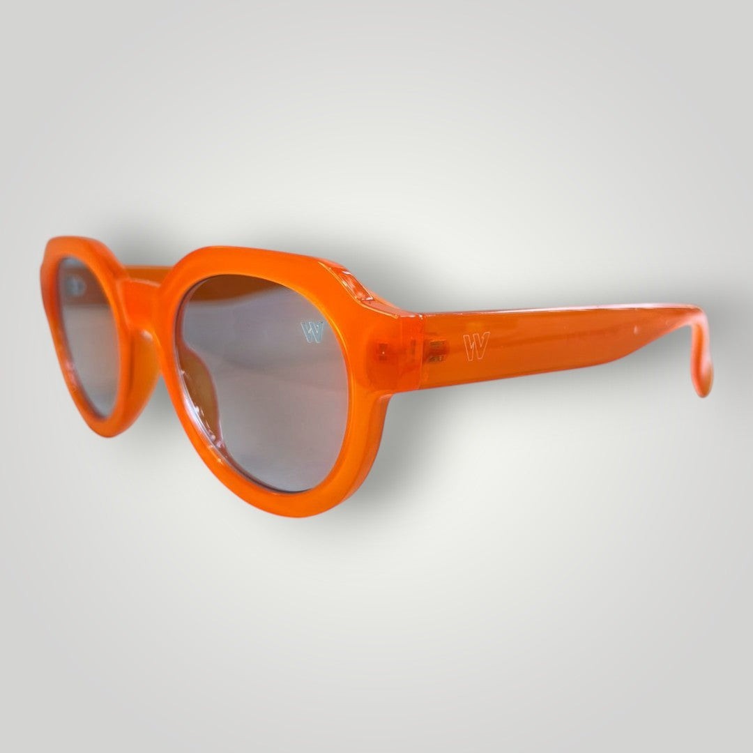 W One Brand Store orange acetate round sunglasses with blue lenses and UV400 protection.
