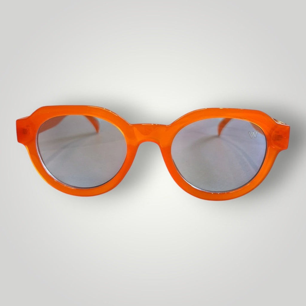W One Brand Store orange acetate round sunglasses with blue lenses and UV400 protection.