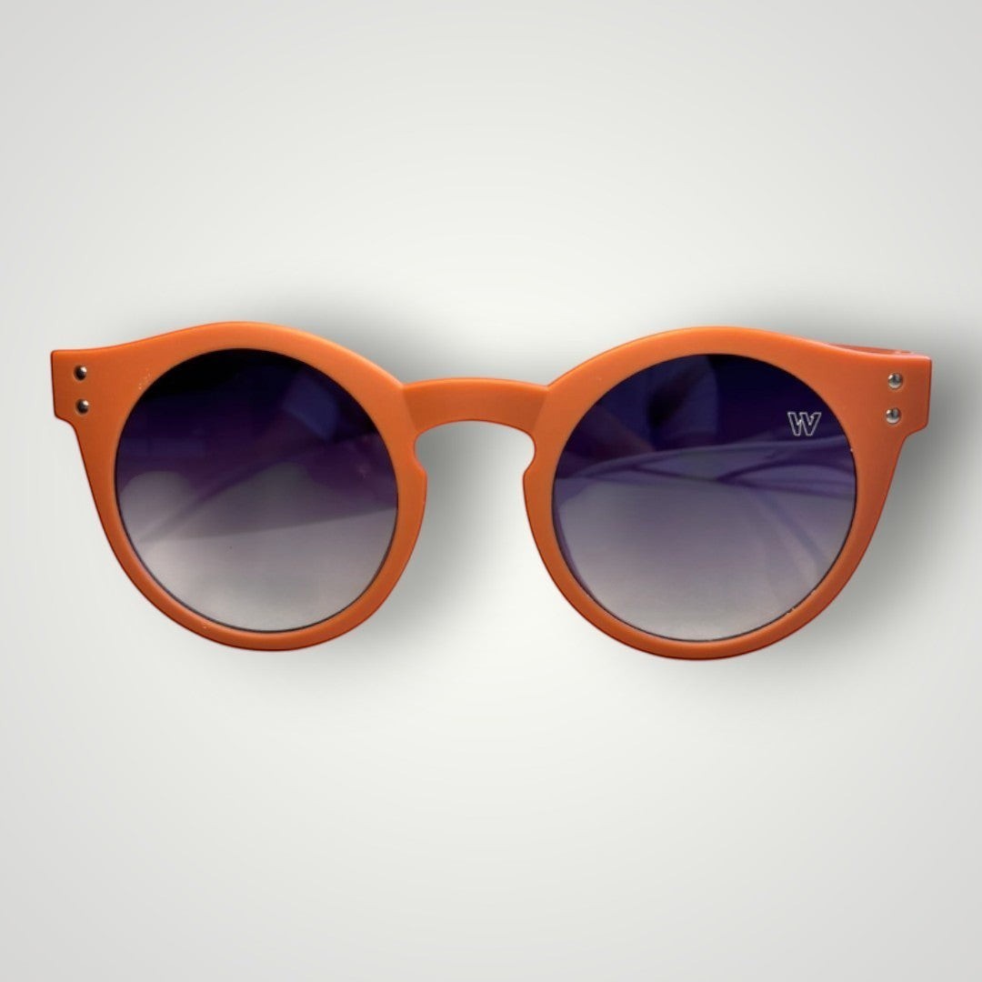 W One Brand Store orange acetate round sunglasses with gradient smoke lenses and UV400 protection.