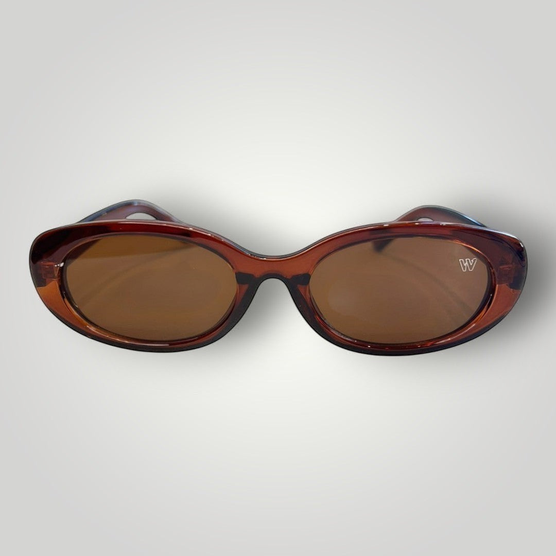W One Brand Store oval brown acetate sunglasses with brown lenses and UV400 protection.