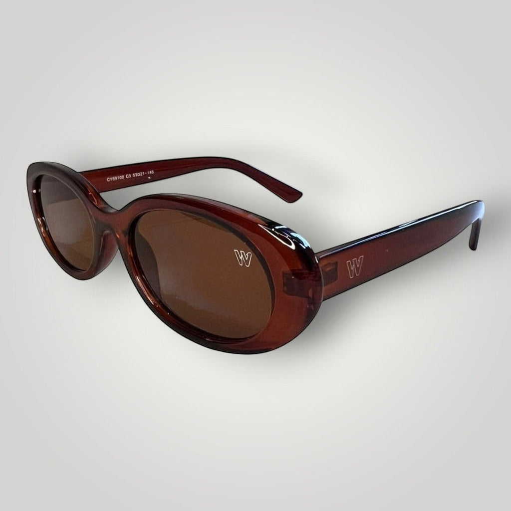 W One Brand Store oval brown acetate sunglasses with brown lenses and UV400 protection.