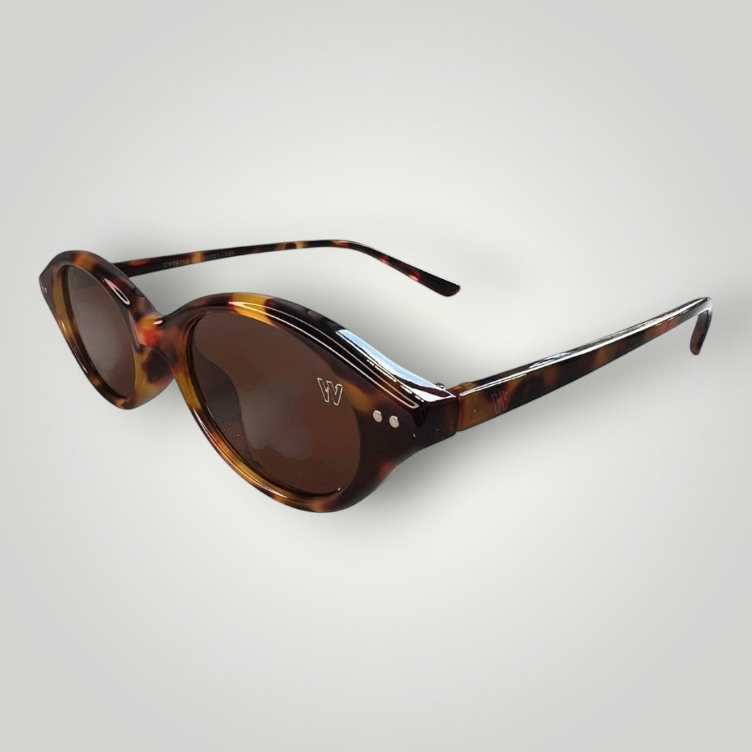W One Brand Store oval tortoiseshell acetate sunglasses with brown lenses and UV400 protection.