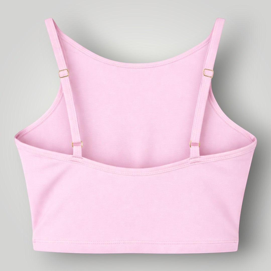 W One Brand Store pink ballet fitness top with high neckline, adjustable straps, and back band in polyamide.