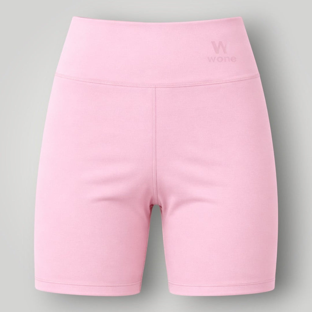 W One Brand Store ballet pink polyamide biker shorts with wide waistband and subtle logo detail, ideal for fitness.