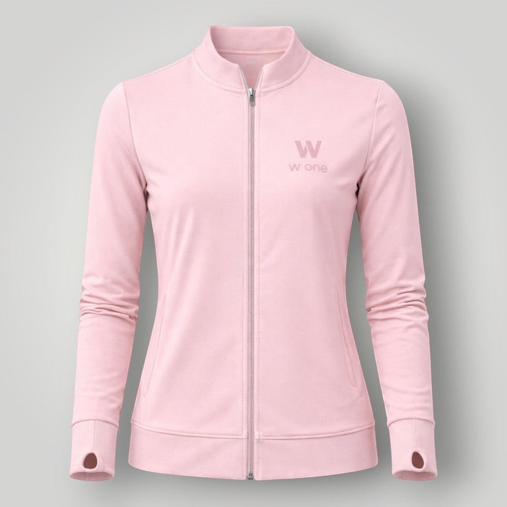 W One Brand Store ballet pink polyamide fitness jacket with thumbholes and a zip-up front.
