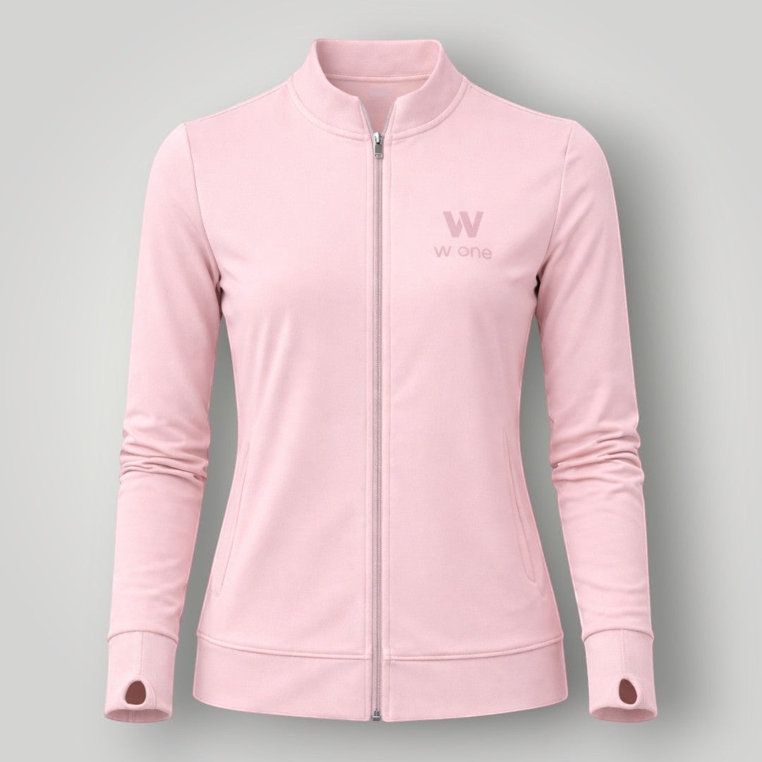 W One Brand Store ballet pink polyamide fitness jacket with thumbholes and a zip-up front.