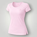 W One Brand Store women's light pink polyamide fitness t-shirt with a subtle logo and side slits.