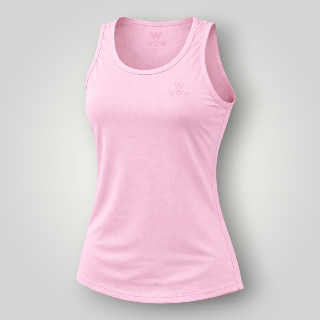 W One Brand Store light pink polyamide fitness tank top with a scoop neck and racerback design, ideal for activewear.
