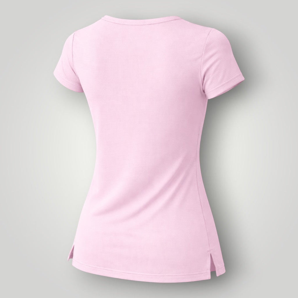 W One Brand Store women's light pink polyamide t-shirt with a relaxed fit and side slits, ideal for fitness.