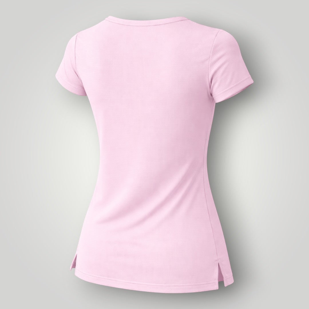 W One Brand Store women's light pink polyamide t-shirt with a relaxed fit and side slits, ideal for fitness.