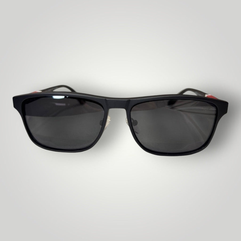 W One Brand Store dark grey rectangular metal glasses with rubberized temples and red accents, featuring clip-on lenses.