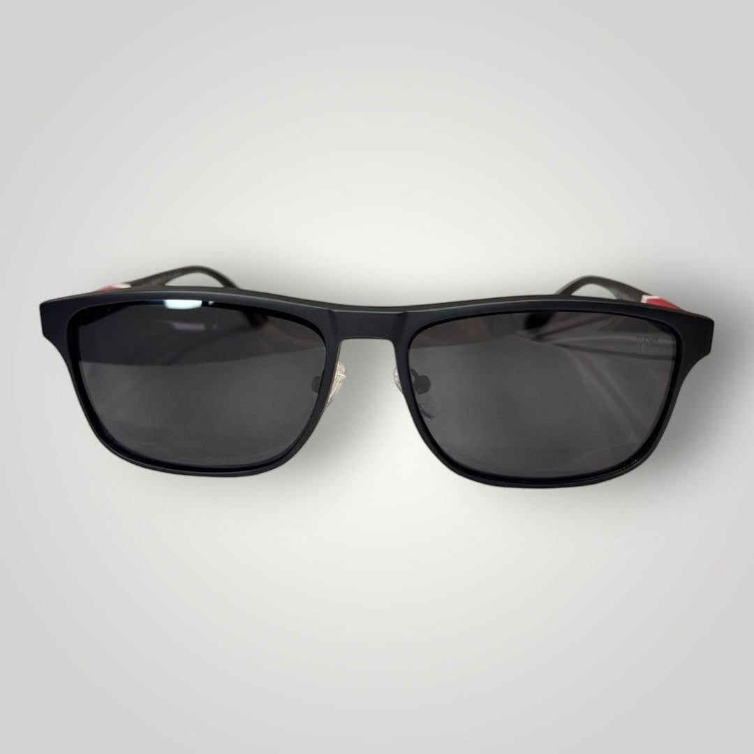 W One Brand Store dark grey rectangular metal glasses with rubberized temples and red accents, featuring clip-on lenses.