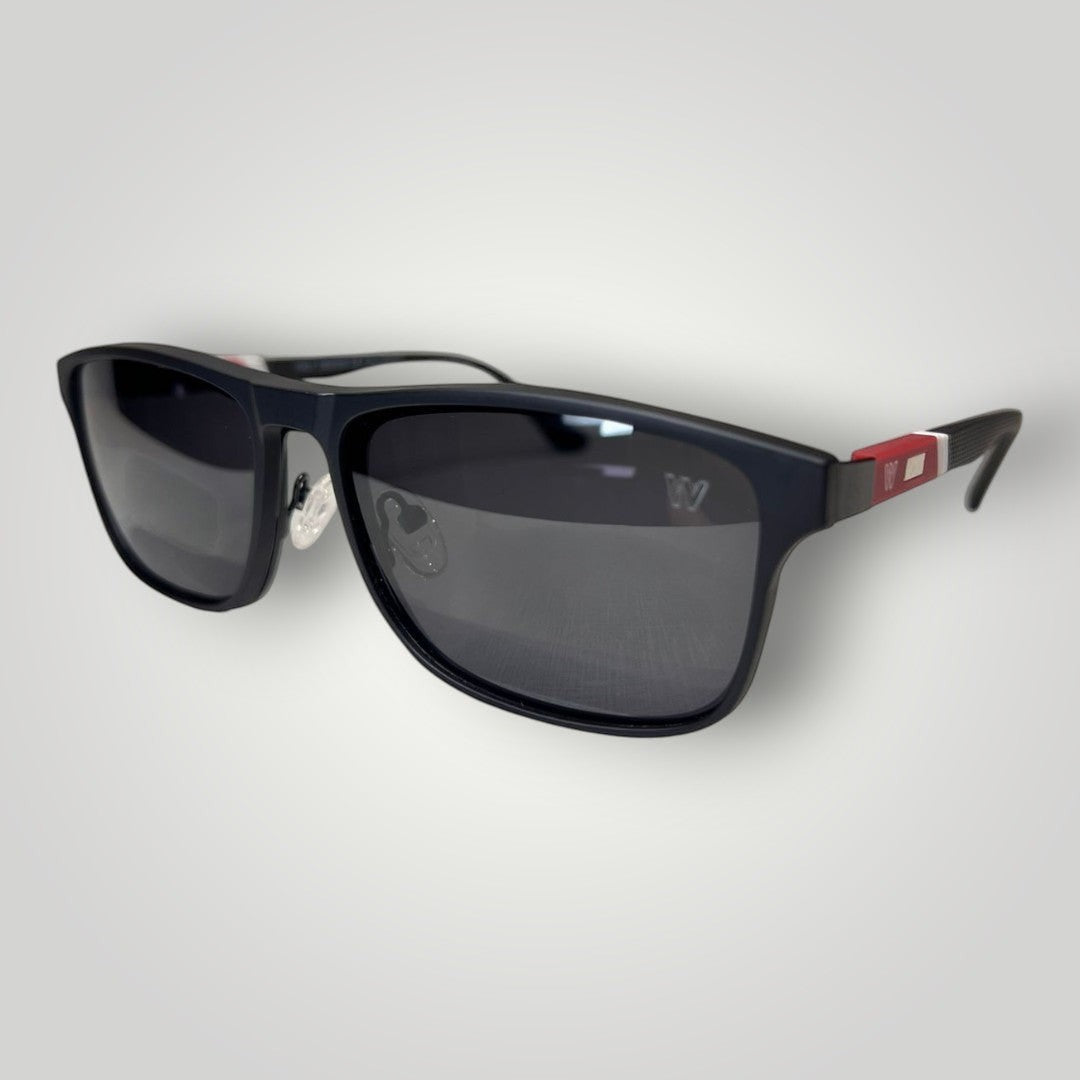 W One Brand Store dark grey rectangular metal glasses with rubberized arms featuring red accents and clip-on lenses.