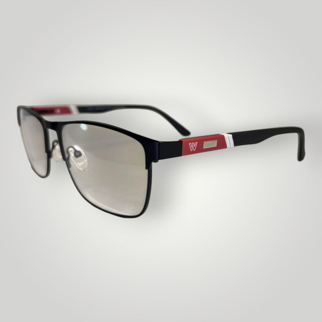 W One Brand Store dark grey rectangular metal glasses with red accents on rubberized temples and clip-on feature.