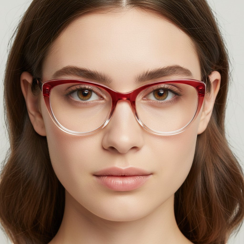 W One Brand Store red transparent cat-eye polyamide eyeglasses with a modern, feminine design.