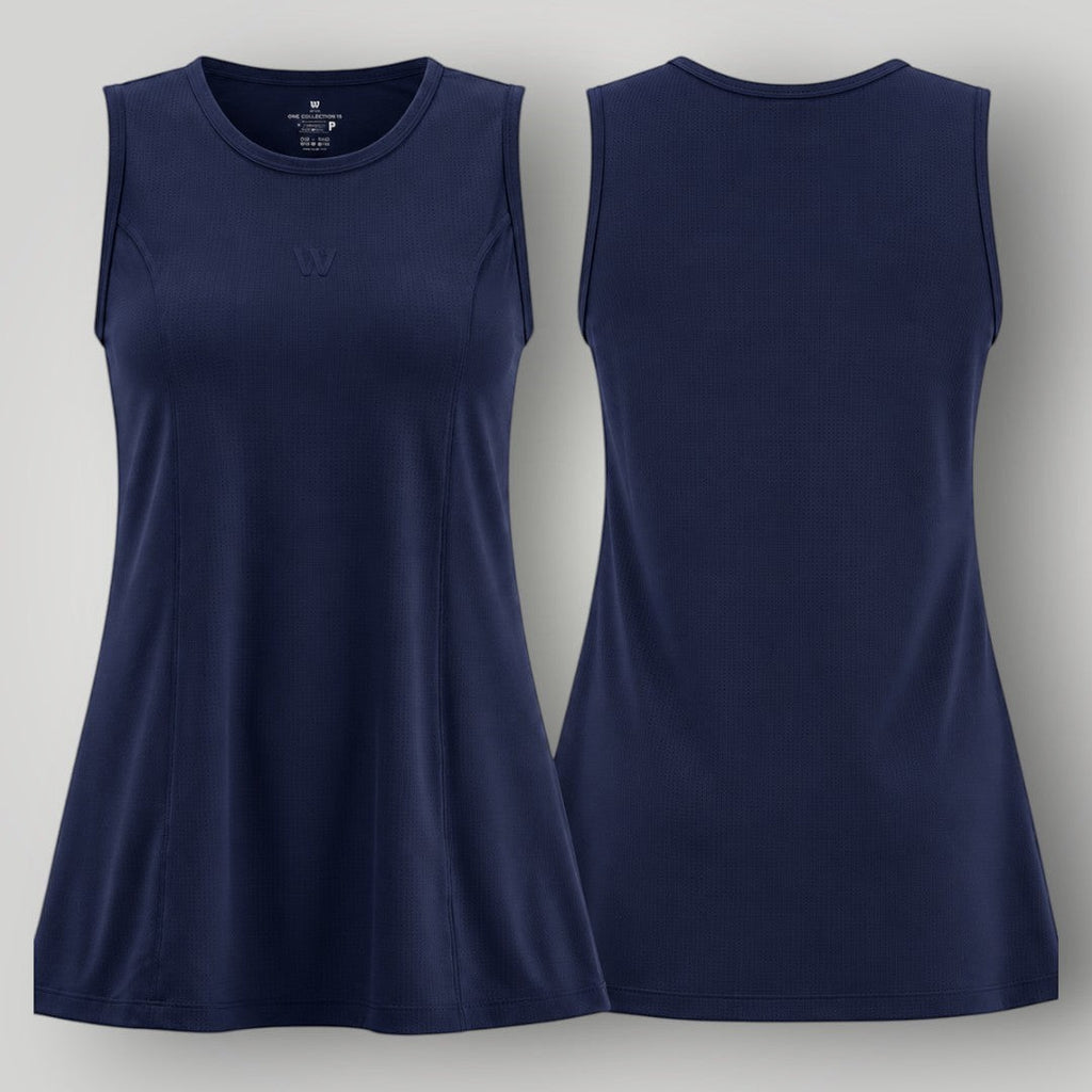 Regata W One Brand Store azul marinho em poliamida Dry Fit com proteção UV, ideal para beach tênis e esportes