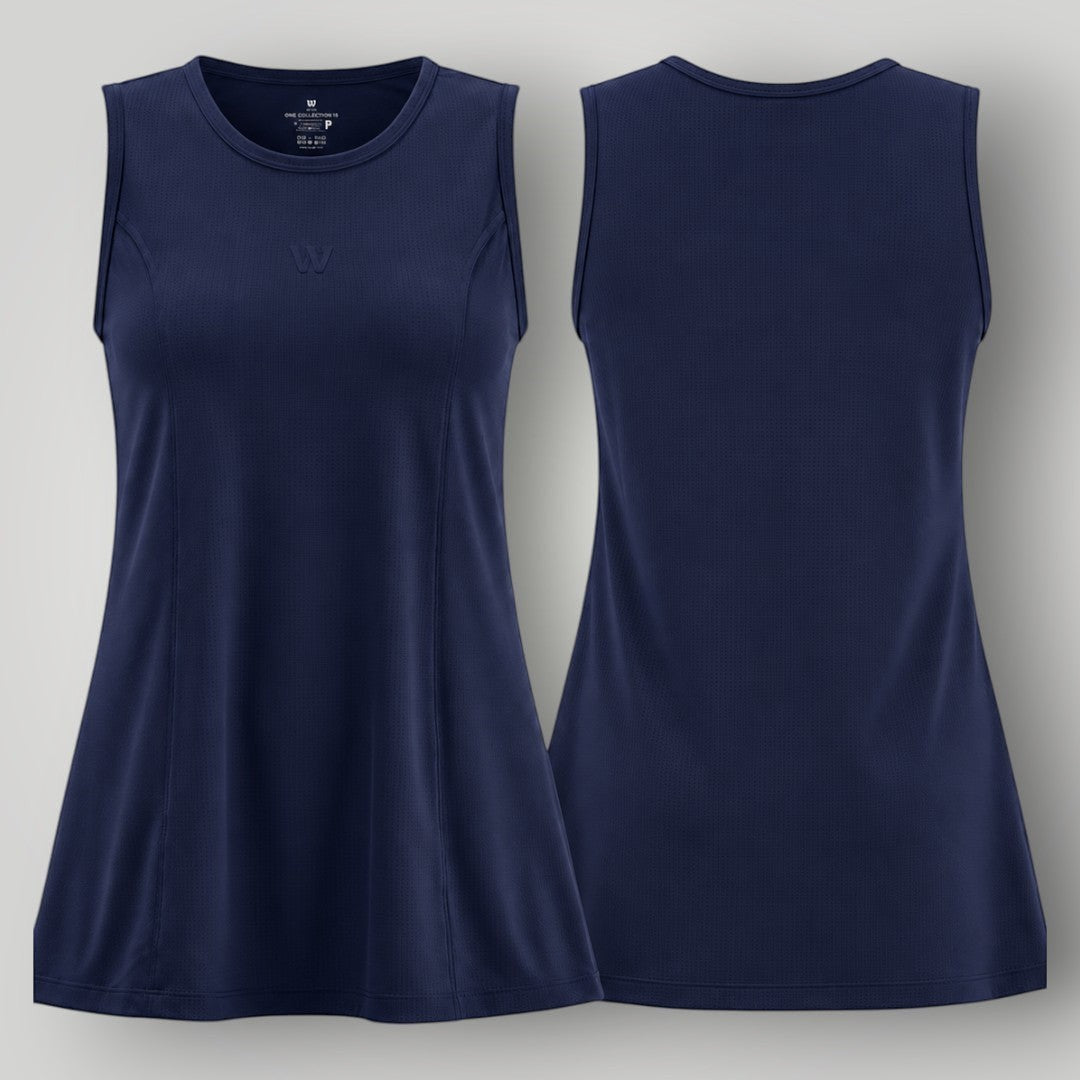 Regata W One Brand Store azul marinho em poliamida Dry Fit com proteção UV, ideal para beach tênis e esportes