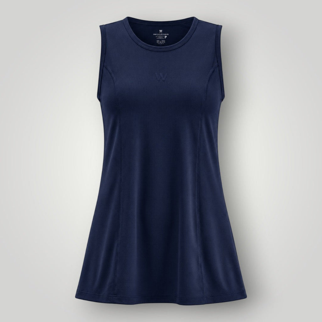 Regata W One Brand Store azul marinho em poliamida dry fit com proteção UV, ideal para beach tênis e esportes