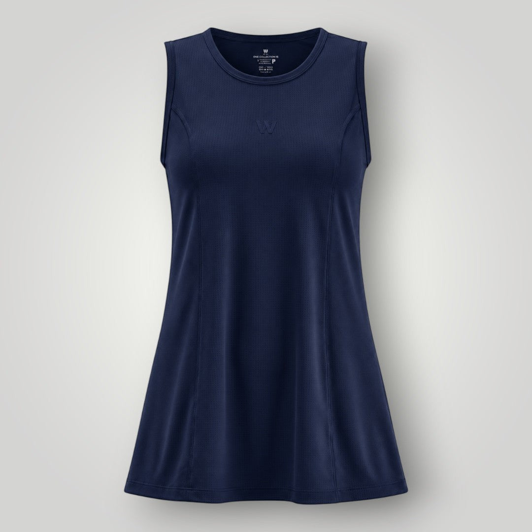 Regata W One Brand Store azul marinho em poliamida dry fit com proteção UV, ideal para beach tênis e esportes