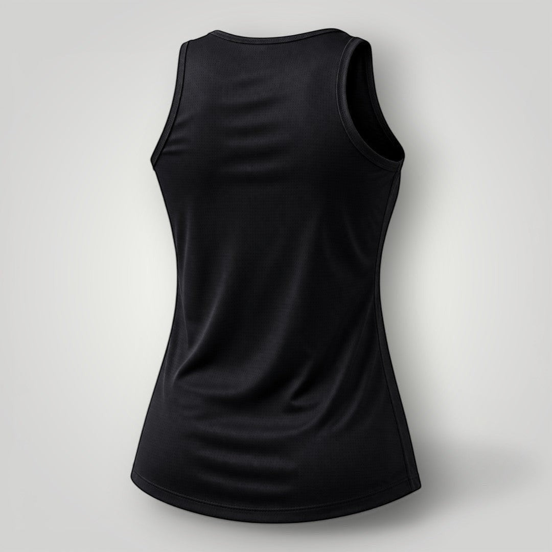 Regata feminina preta W One Brand Store em tecido leve e respirável com modelagem esportiva vista de costas