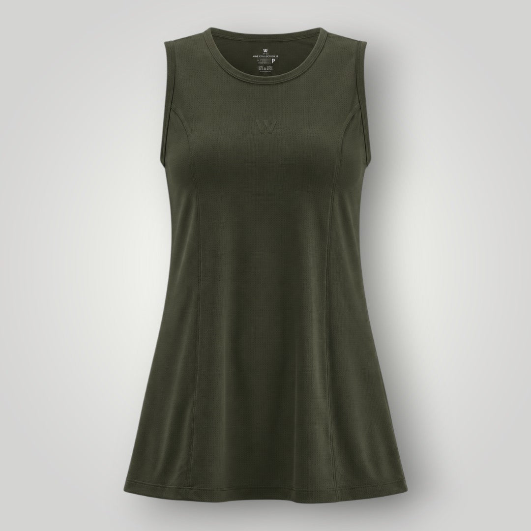 Regata W One Brand Store verde militar em poliamida dry fit com proteção UV, ideal para beach tênis e esportes.