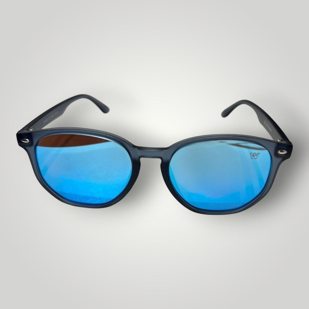 W One Brand Store retro-style sunglasses with blue mirrored lenses and transparent blue acetate temples. UV400 protection.