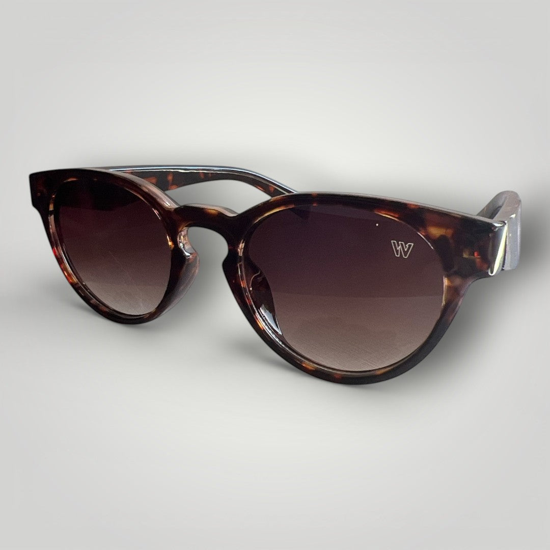W One Brand Store retro round sunglasses with brown gradient lenses and brown camouflage temples. UV400 protection.