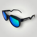 W One Brand Store retro round acetate sunglasses with mirrored green lenses and black acetate temples, UV400 protection.