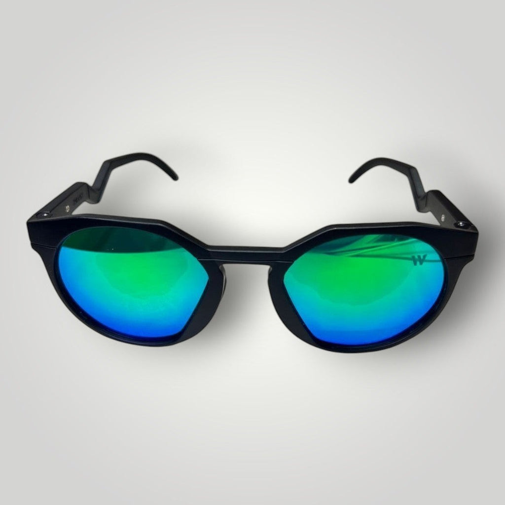 W One Brand Store retro round acetate sunglasses with green mirrored lenses and black acetate temples. UV400 protection.
