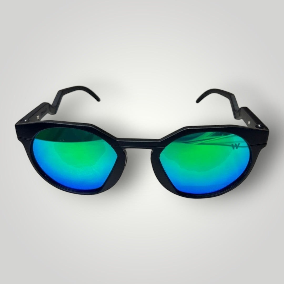 W One Brand Store retro round acetate sunglasses with green mirrored lenses and black acetate temples. UV400 protection.