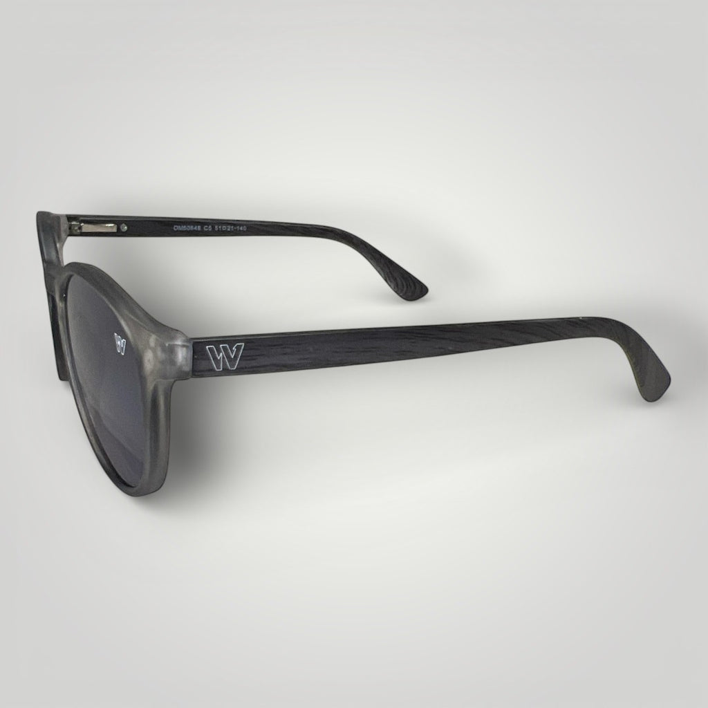 W One Brand Store retro round acetate sunglasses in transparent black with dark grey lenses and UV400 protection.