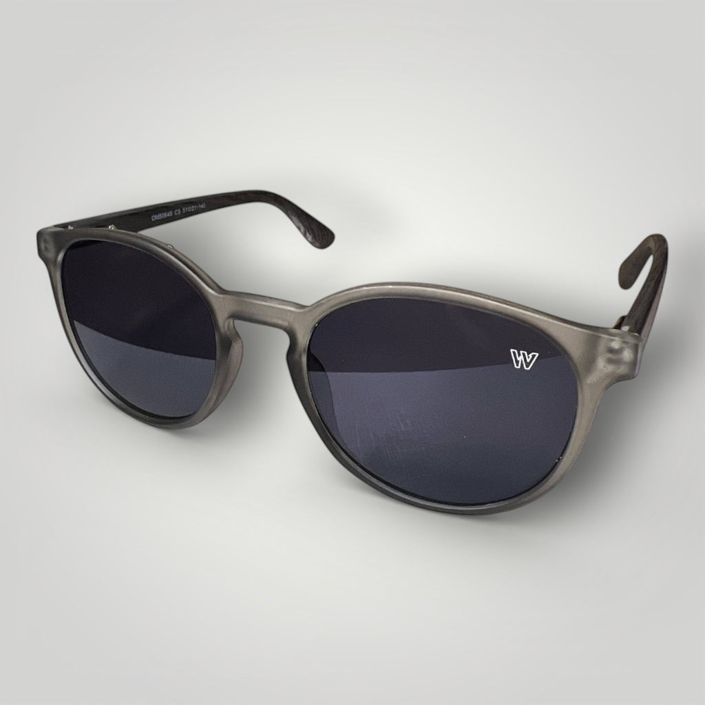 W One Brand Store retro round transparent black acetate sunglasses with dark grey lenses and UV400 protection.