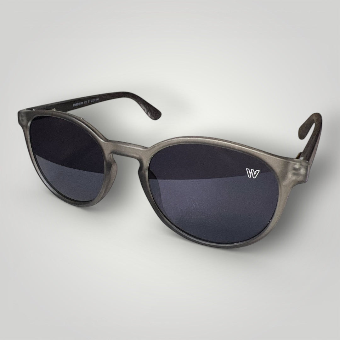 W One Brand Store retro round transparent black acetate sunglasses with dark grey lenses and UV400 protection.