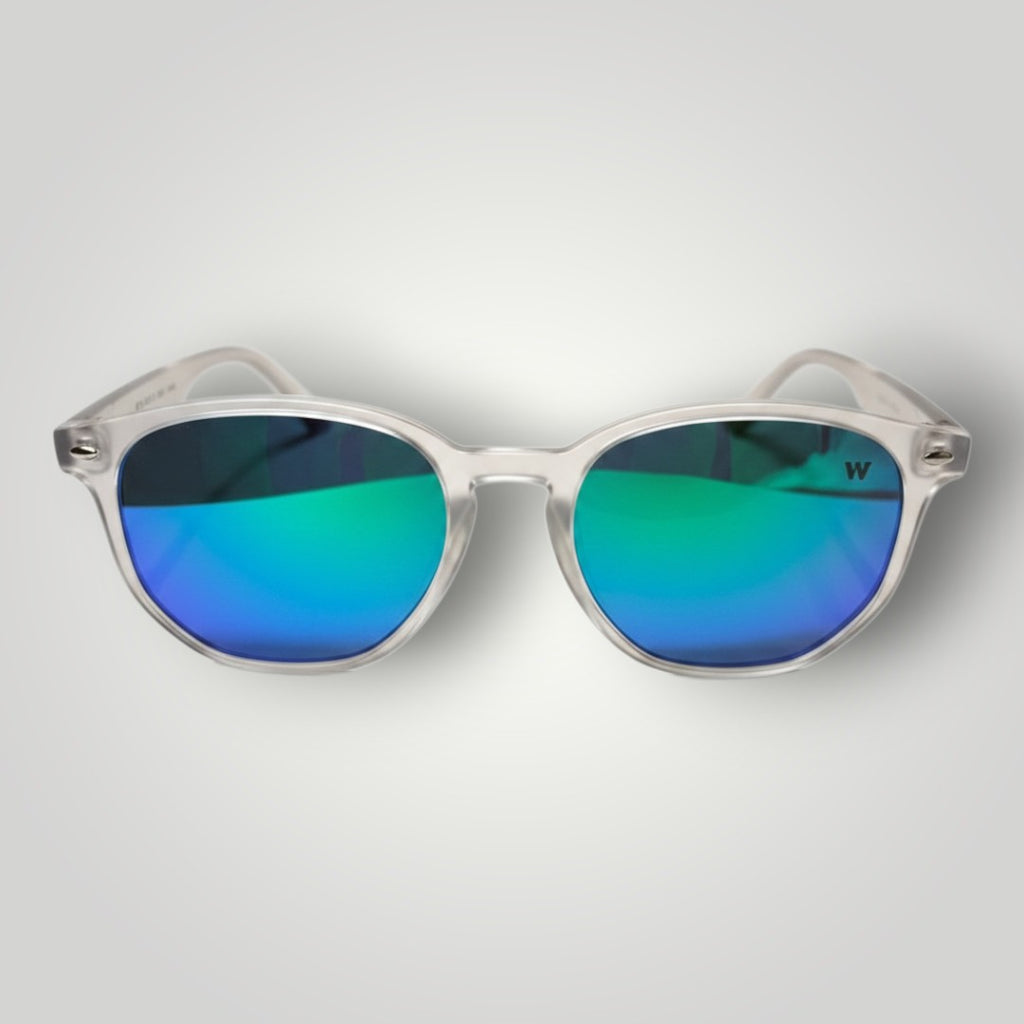 W One Brand Store retro-style sunglasses with transparent acetate frames and green mirrored lenses. Features UV400 protection.
