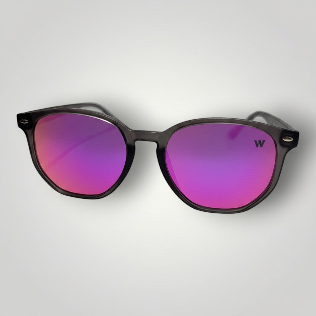W One Brand Store retro-style acetate sunglasses with pink mirrored lenses and smoky acetate temples. UV400 protection.