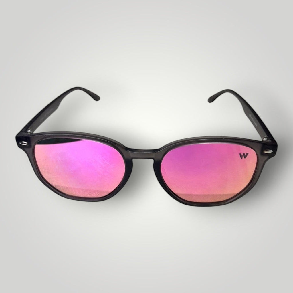 W One Brand Store retro-style sunglasses with pink mirrored lenses and smoky acetate temples. UV400 protection.