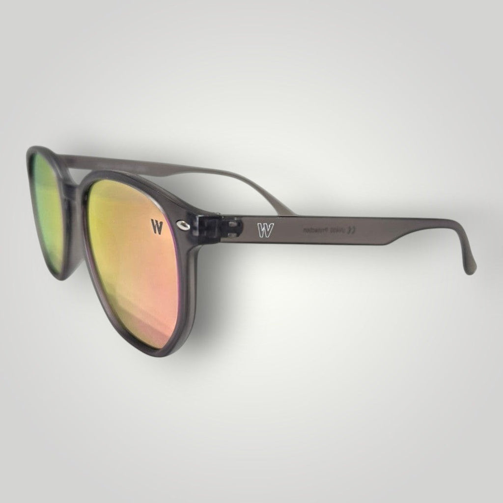 W One Brand Store retro-style sunglasses with pink mirrored lenses and smoky acetate temples. UV400 protection.