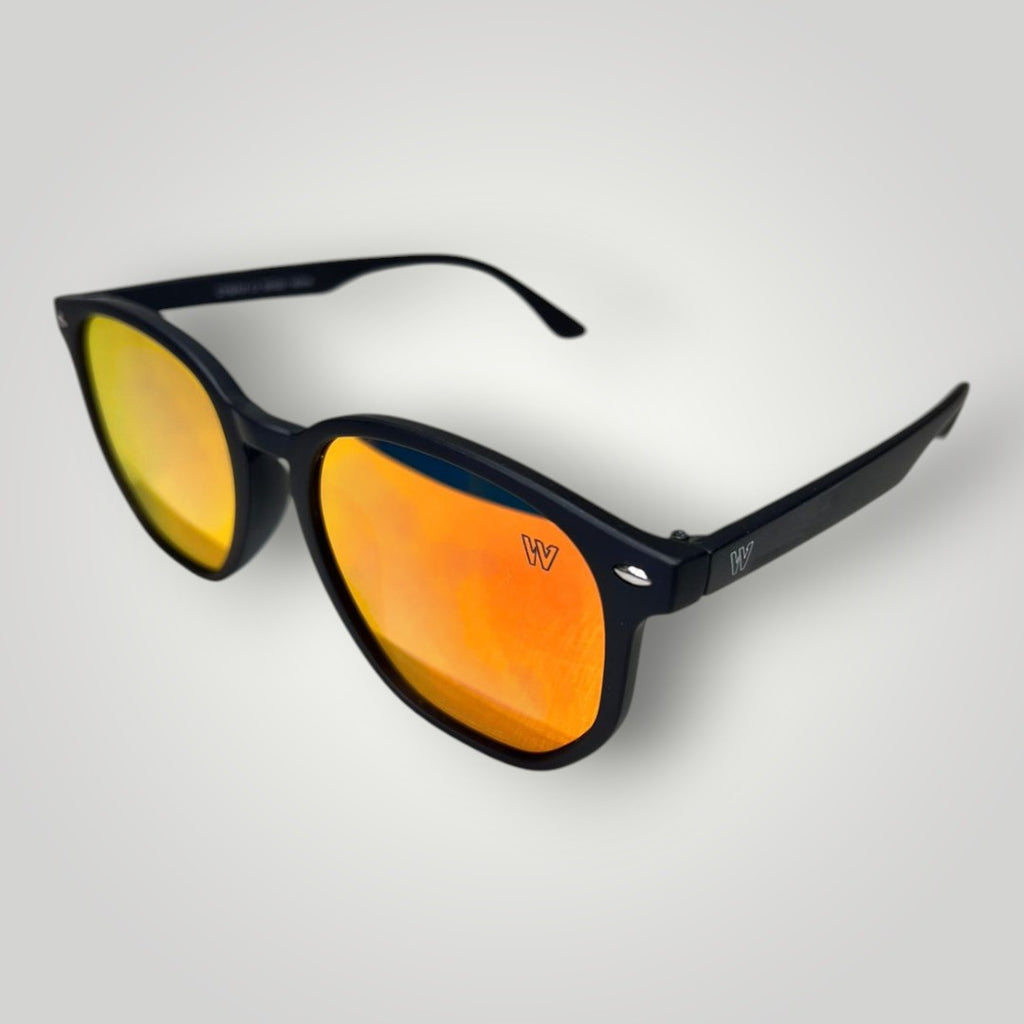 W One Brand Store retro-style black acetate sunglasses with red mirrored lenses and UV400 protection.