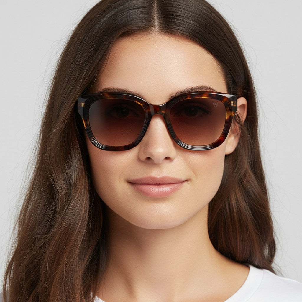 W One Brand Store retro acetate sunglasses with tortoiseshell pattern, brown lenses, and textured front.