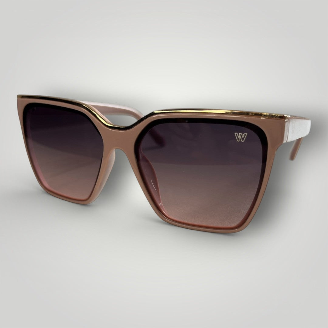 W One Brand Store maxi cat-eye sunglasses in rose acetate with gradient brown lenses and gold accents. UV400 protection.