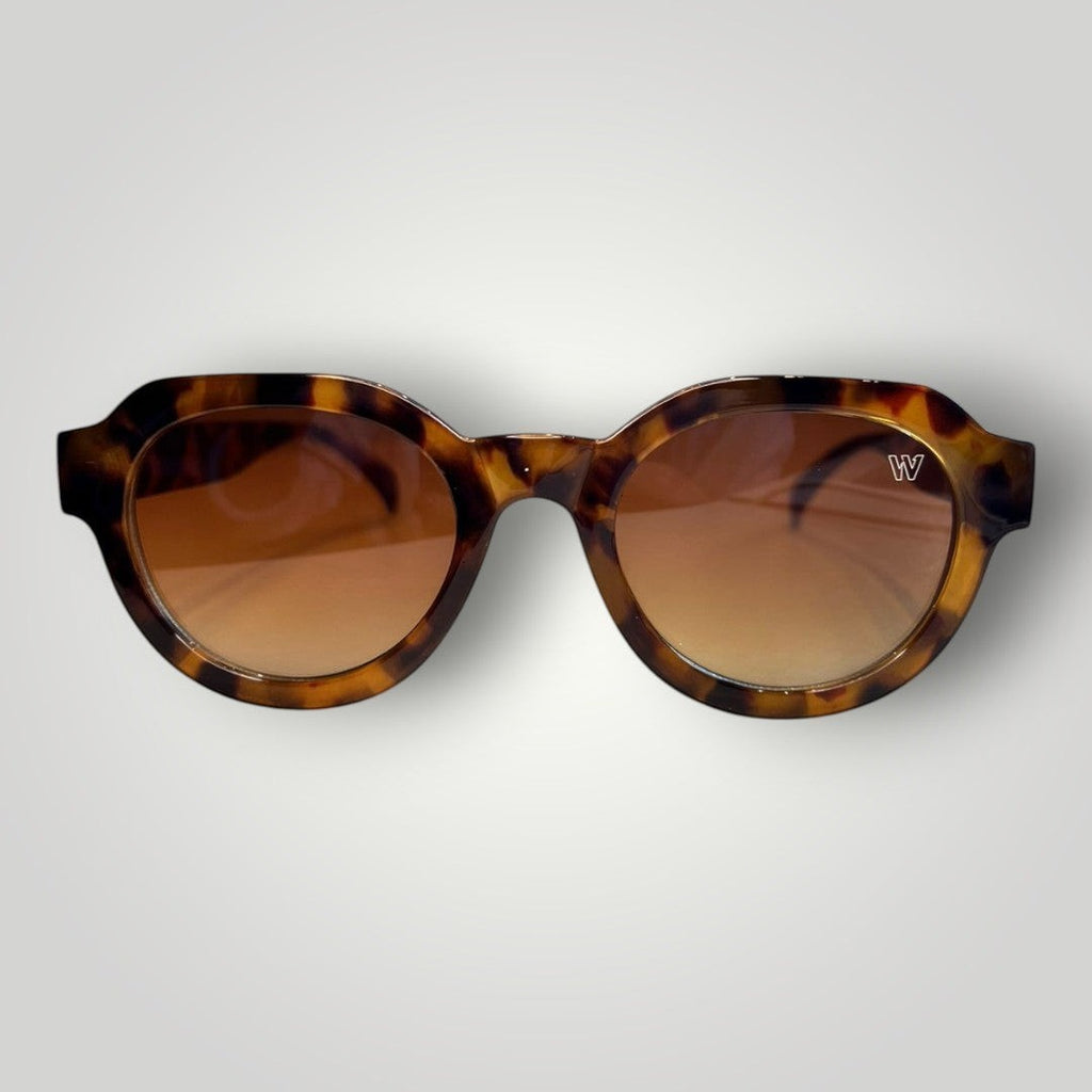 W One Brand Store round acetate sunglasses with camouflage pattern and brown gradient lenses.