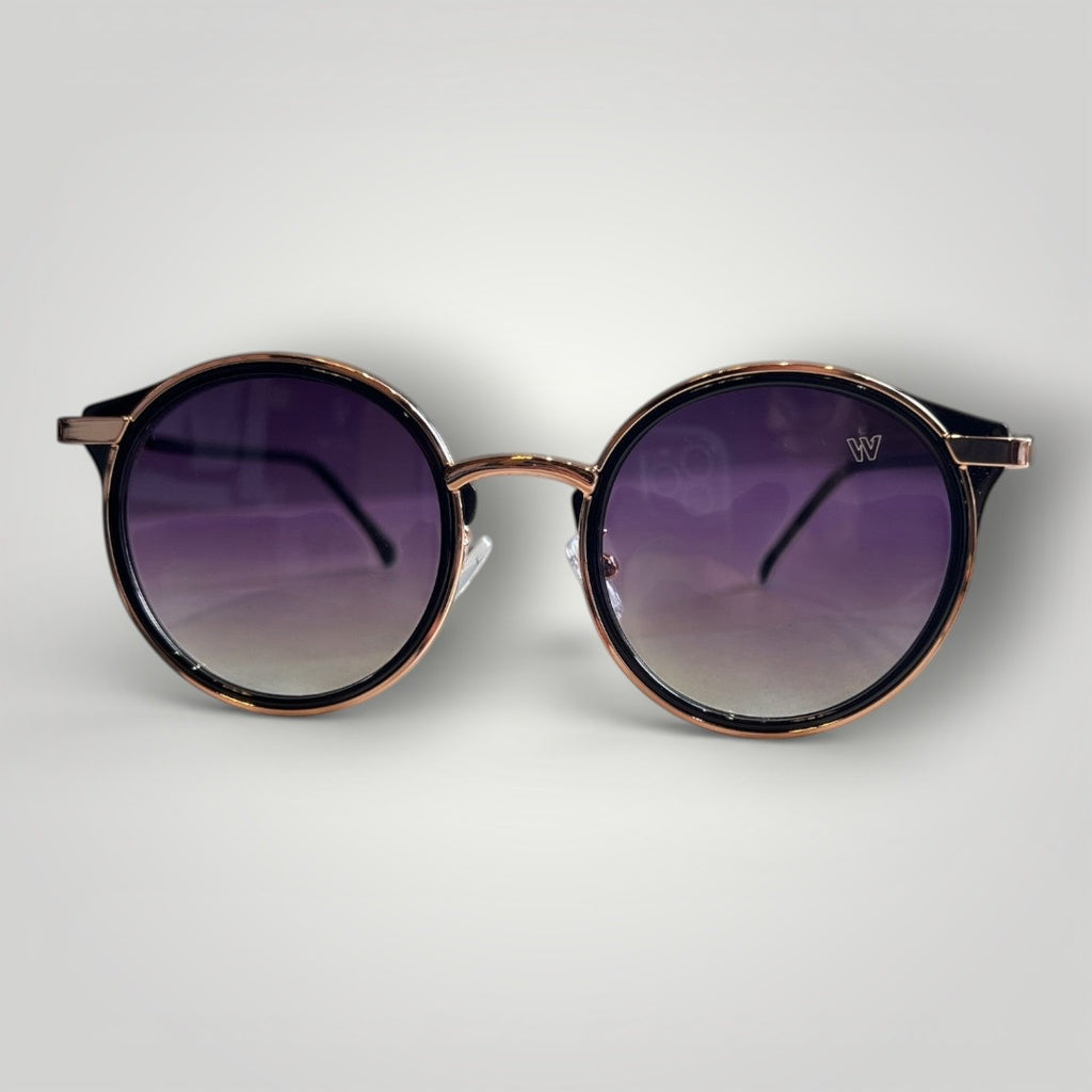 W One Brand Store round sunglasses with gradient smoke lenses, black and gold details, and UV400 protection.