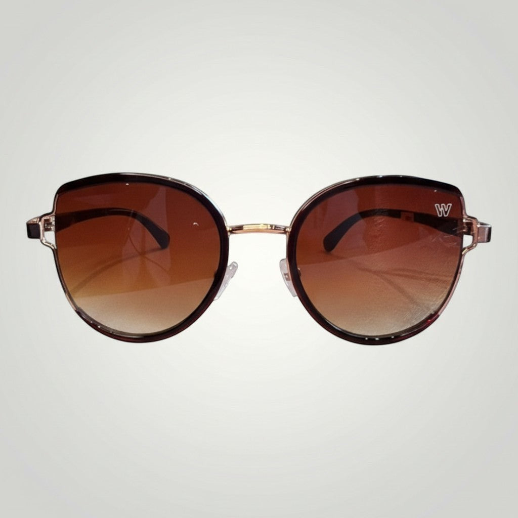 W One Brand Store rounded sunglasses with metal and acetate frame, wine temples, and gradient brown lenses. UV400 protection.