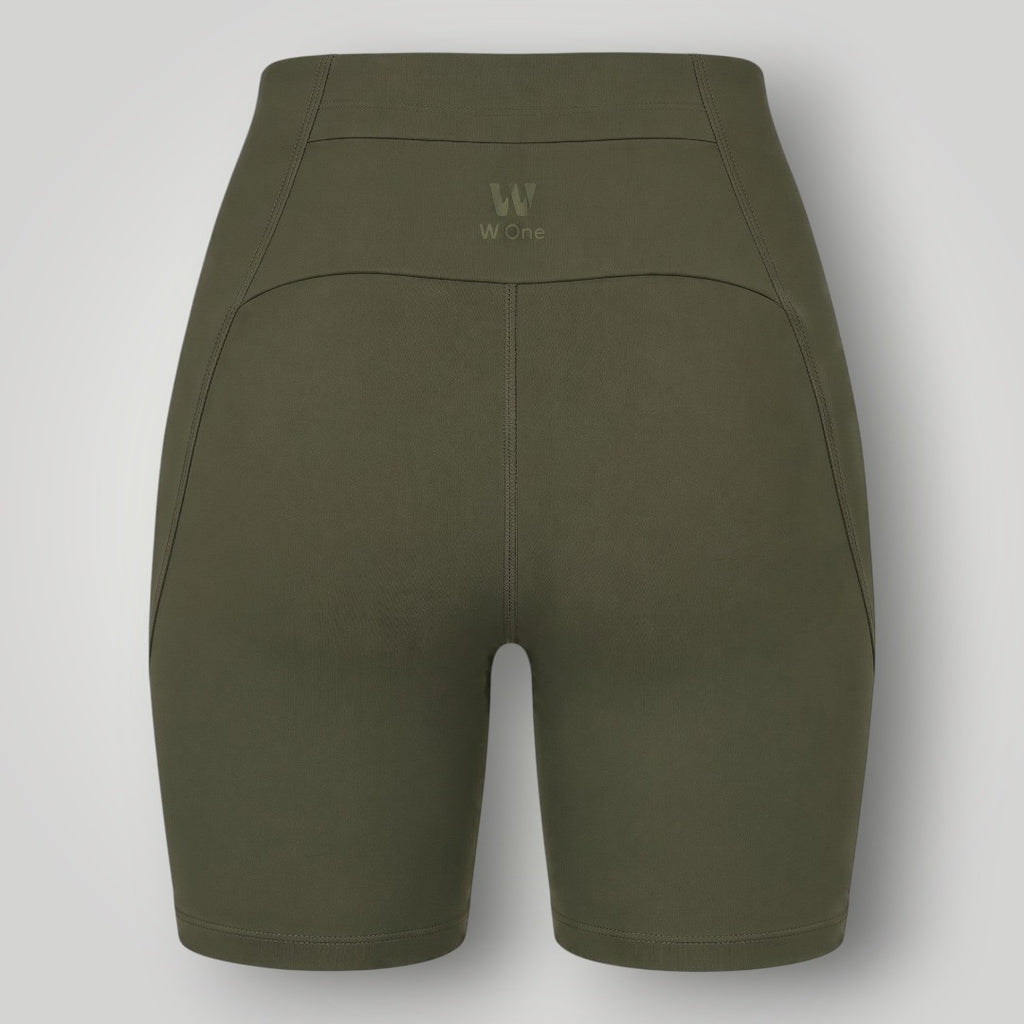 Shorts Sculpt W One Brand Store verde militar com cintura alta e bolso integrado no cós traseiro para esportes.