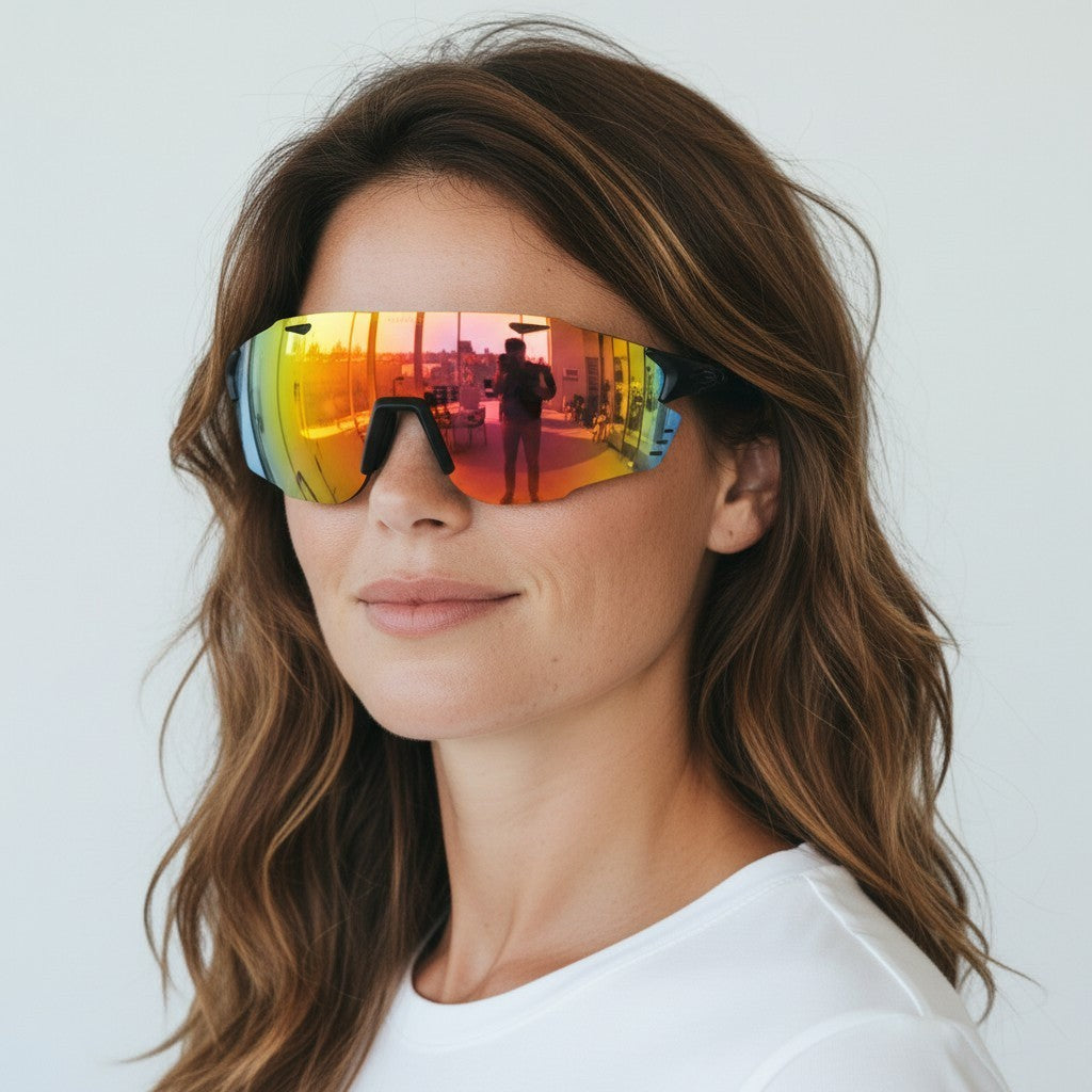 W One Brand Store sport mask sunglasses with mirrored blue-purple lenses and black-grey temples. UV400 protection.